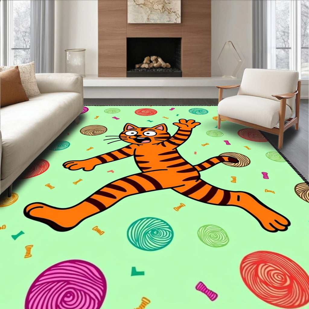 Playful Orange Cat Yarn Balls Rug