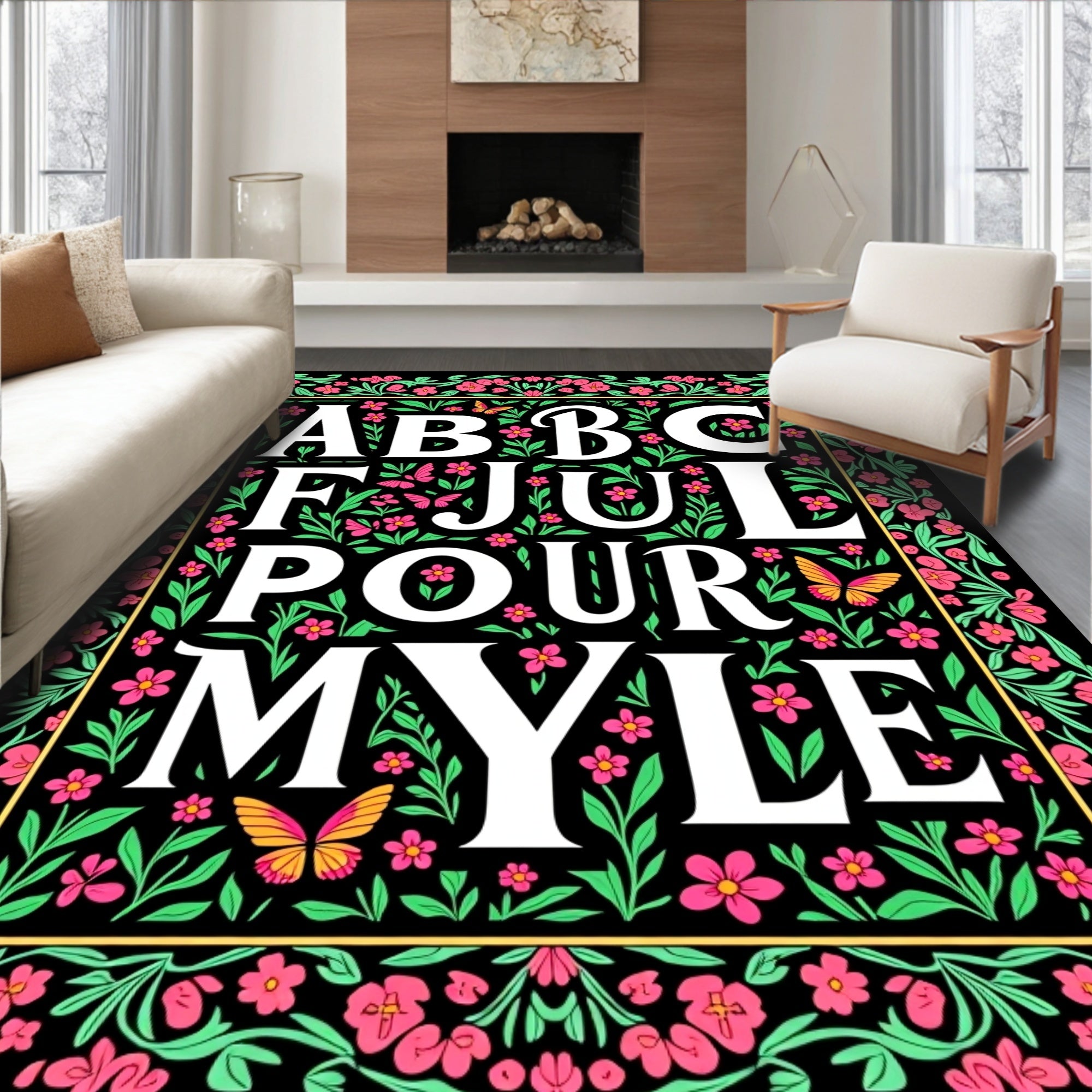 Floral Butterfly Alphabet Border Rug