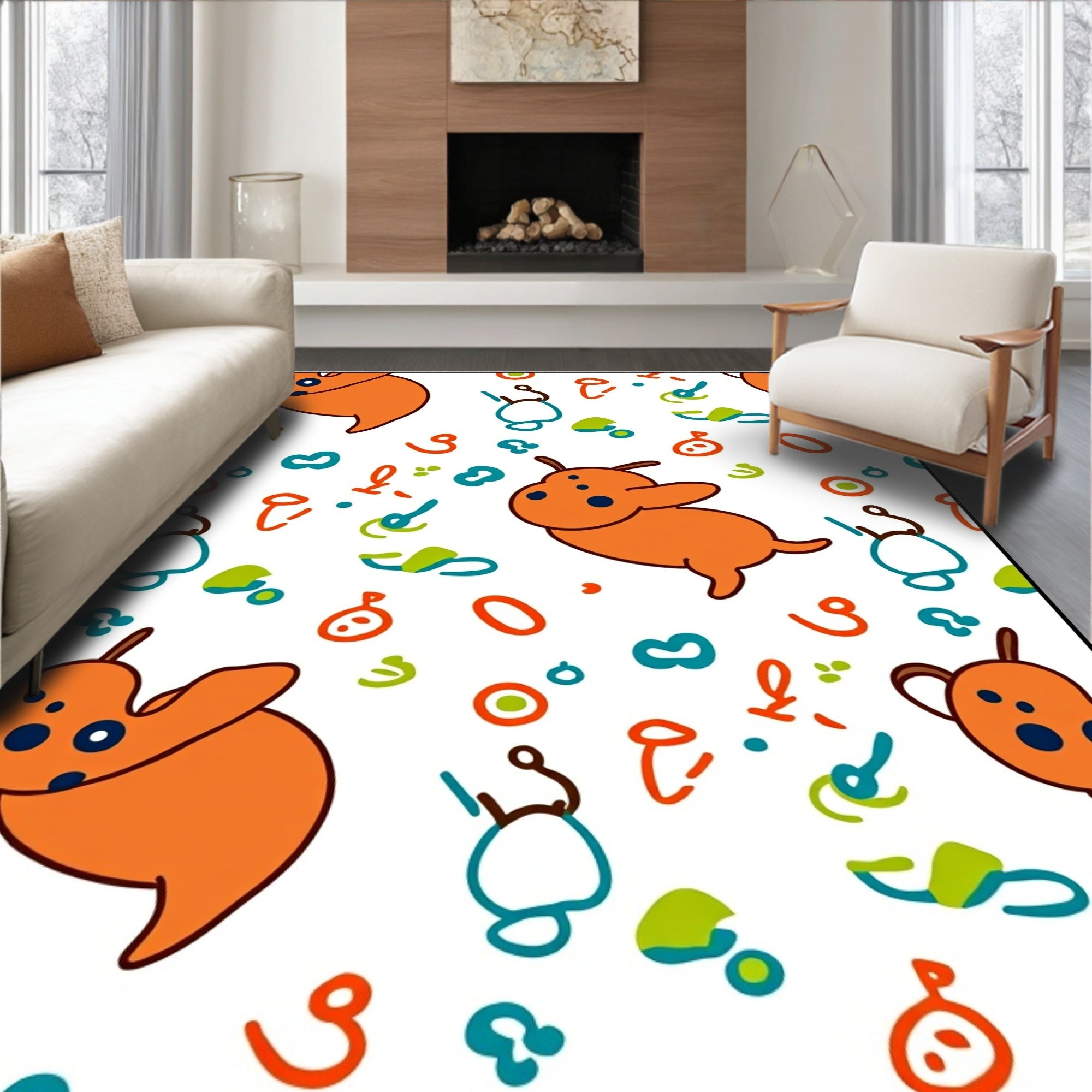 Playful Orange Creature Doodle Scatter Rug