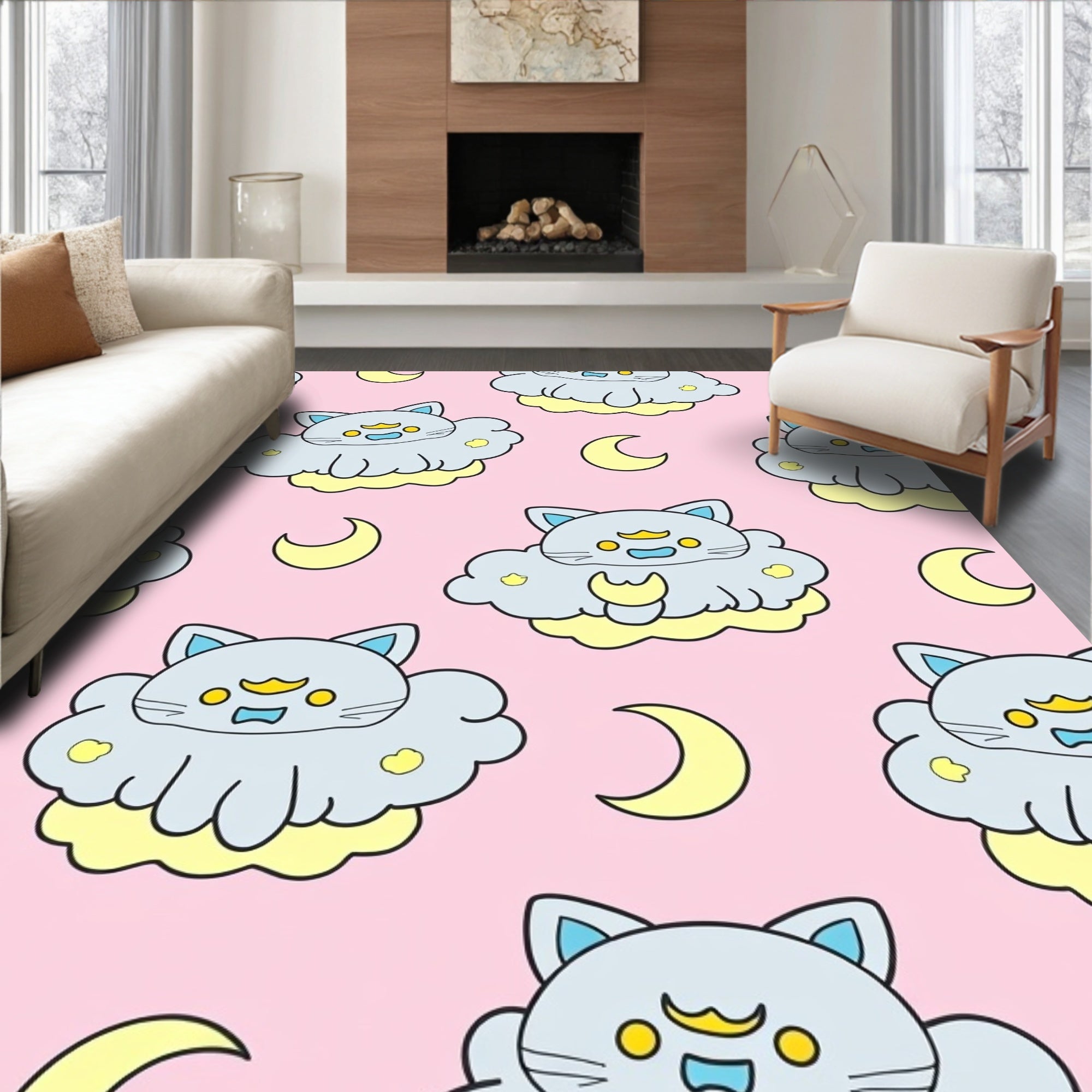 Cute Cloud Cat Moon Pink Rug