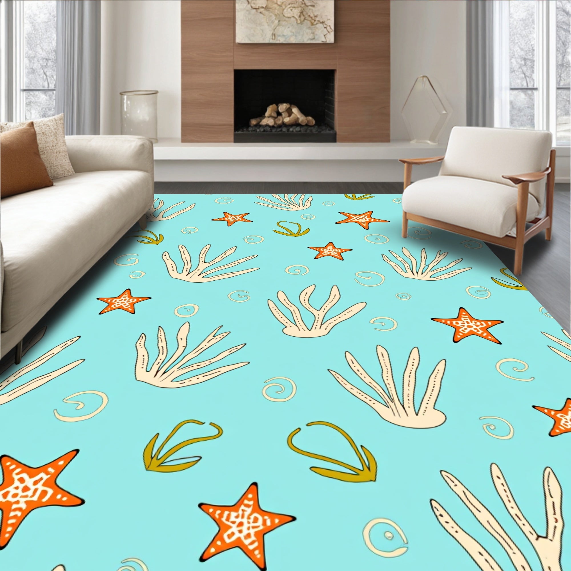 Coastal Coral Starfish Swirl Turquoise Rug