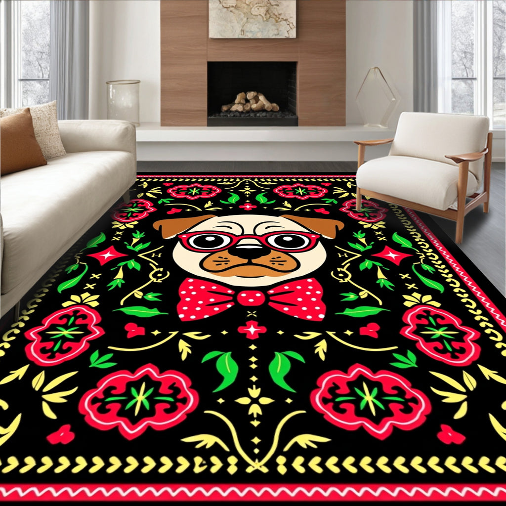Charming Pug Red Glasses Polka Dot Bow Rug
