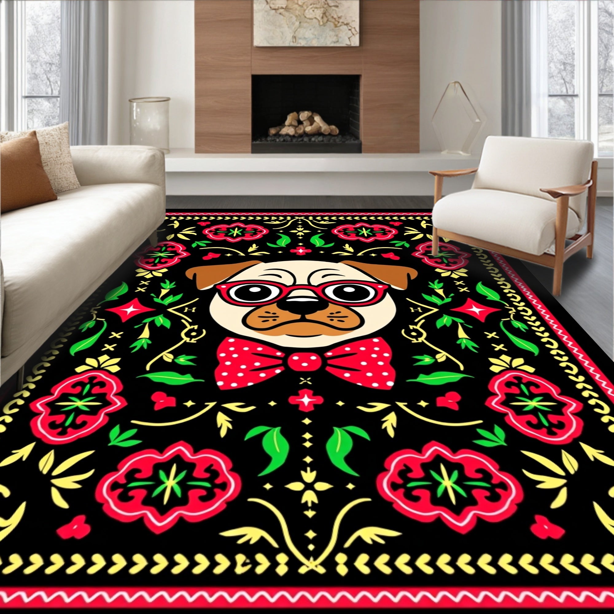 Charming Pug Red Glasses Polka Dot Bow Rug