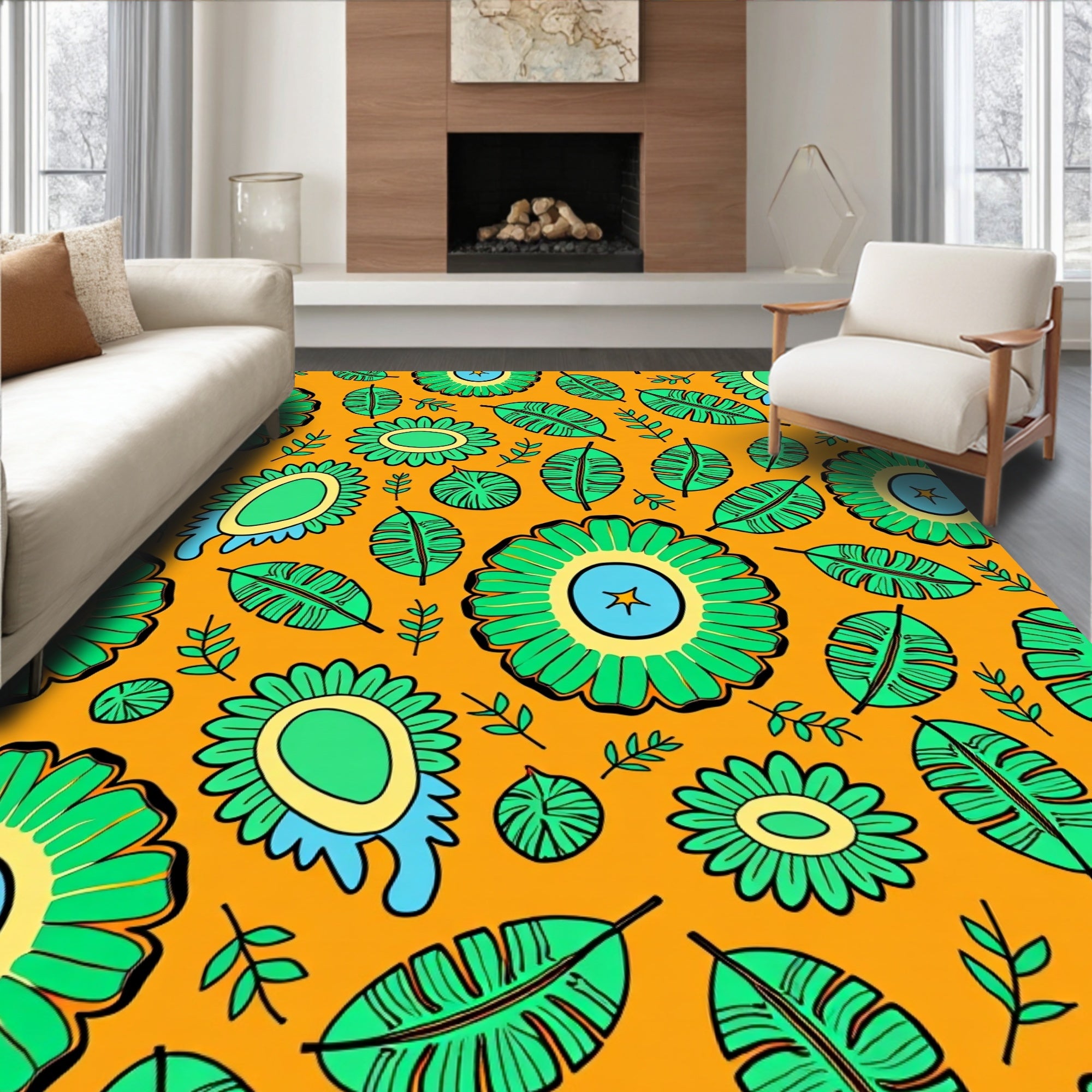 Vibrant Green Tropical Flower Abstract Rug