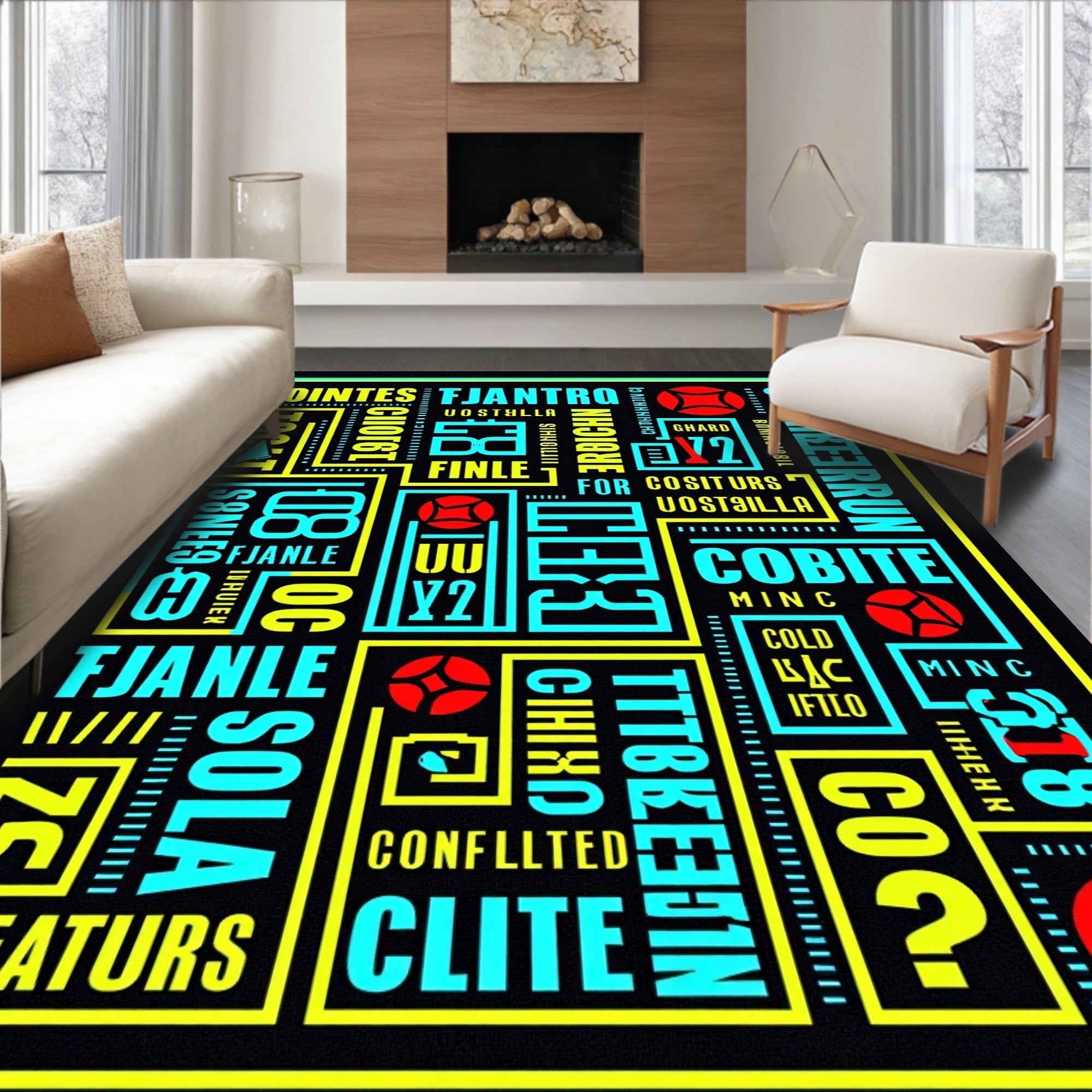 Bold Cyan Red Geometric Typography Rug