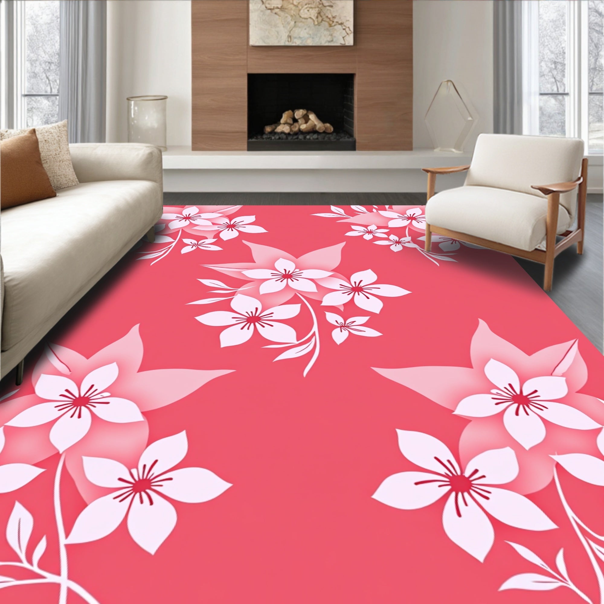 Coral Pink White Floral Garden Rug