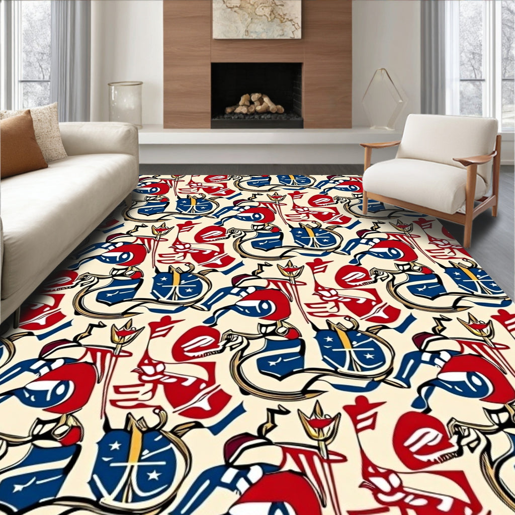Abstract Red Blue Geometric Crest Rug