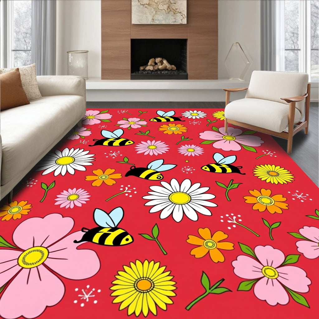 Pink Yellow Bee Garden Blooms Rug
