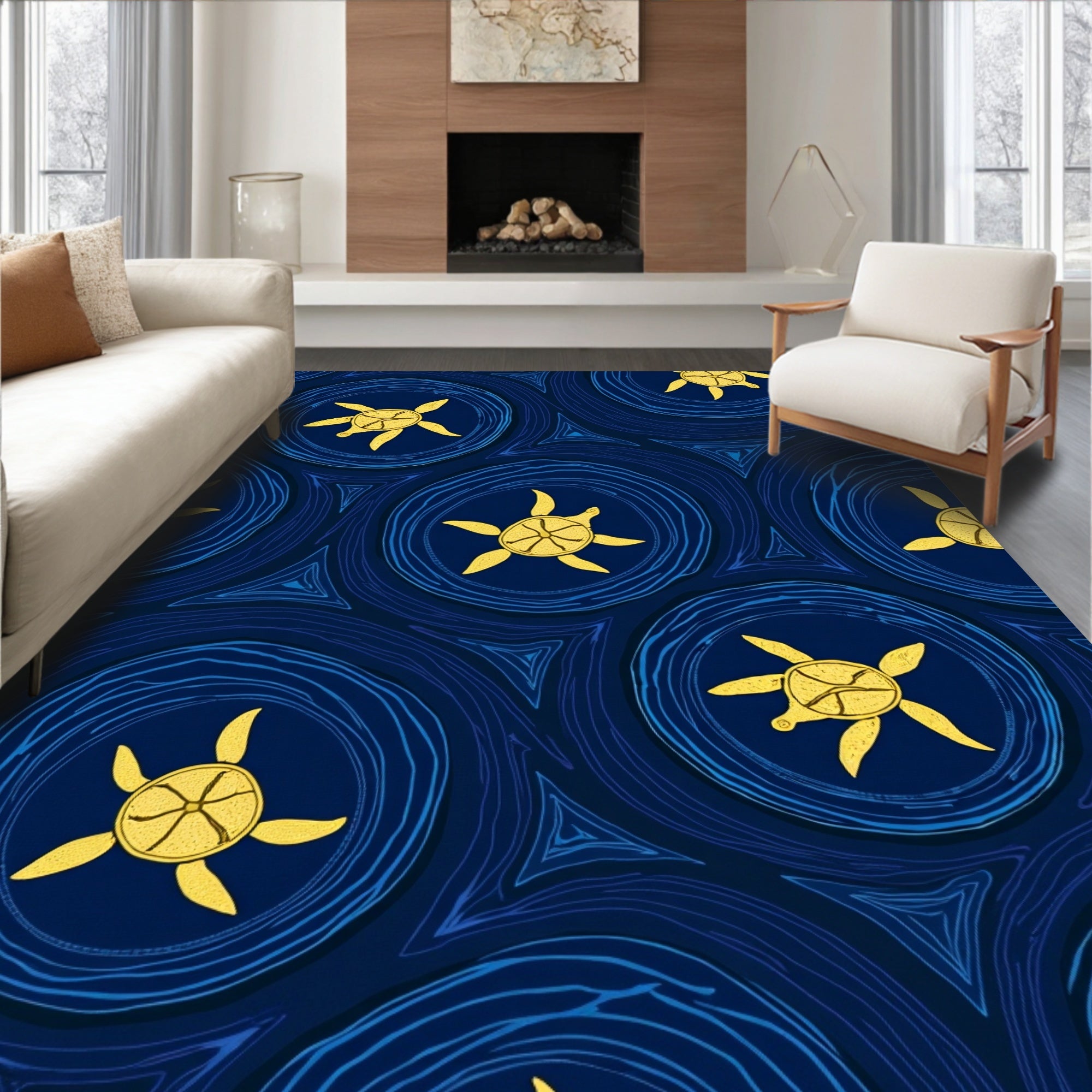 Golden Turtles in Blue Circular Waves Rug
