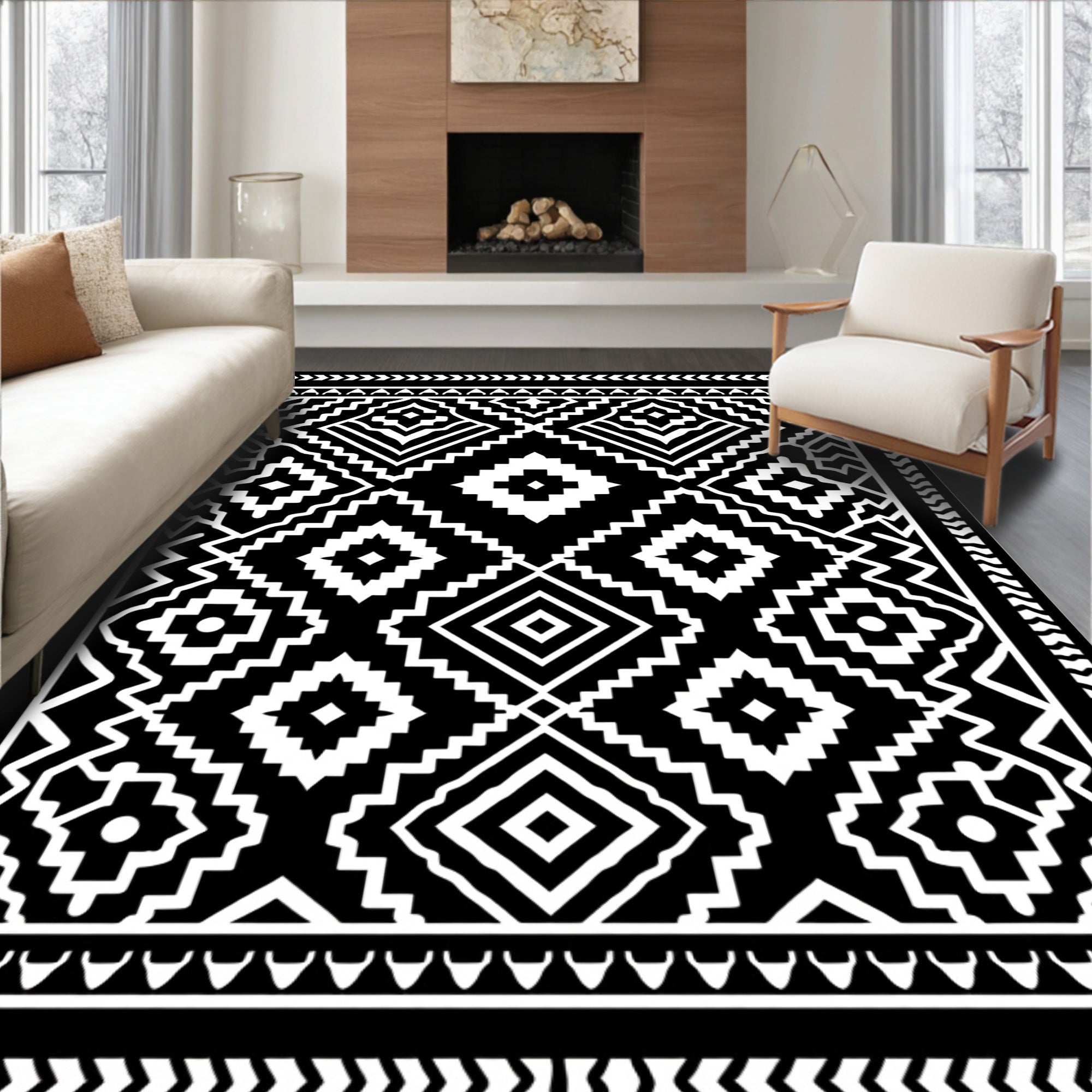 Bold Black Geometric Diamond Tribal Rug