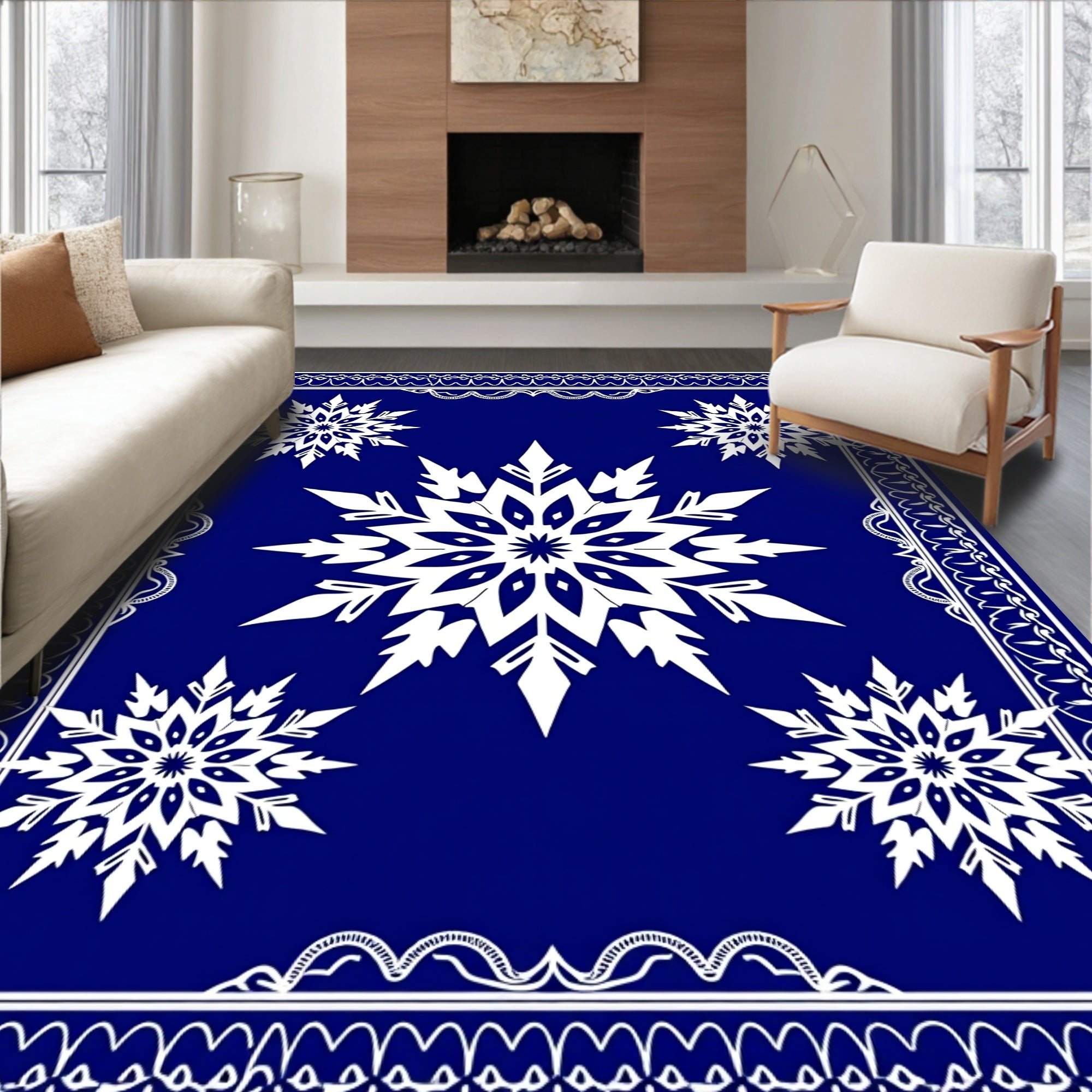 Deep Blue Snowflake Mandala Border Rug