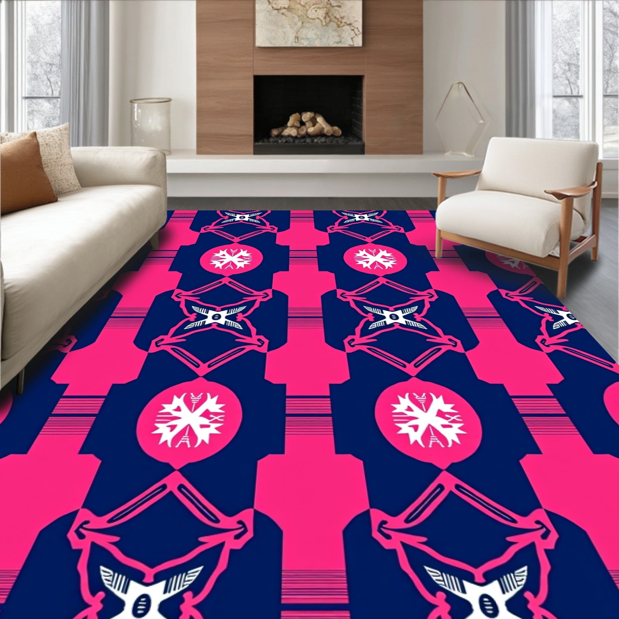 Bold Pink Navy Geometric Medallion Rug
