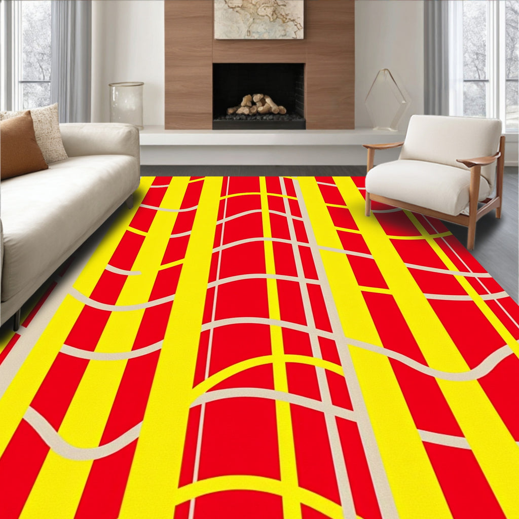 Vibrant Yellow Red Abstract Lines Rug