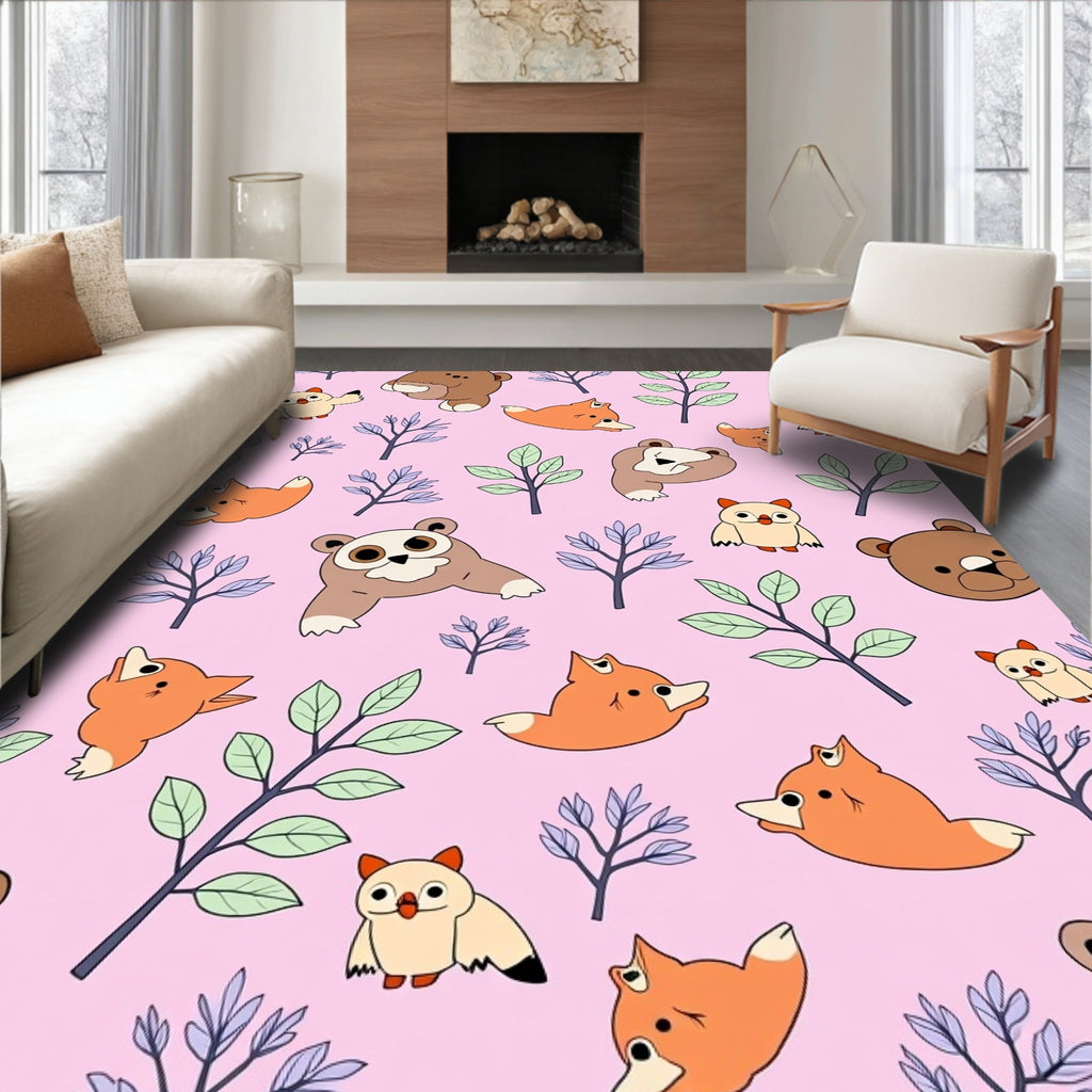 Sweet Forest Creatures Whimsical Bear Owl Fox Rug