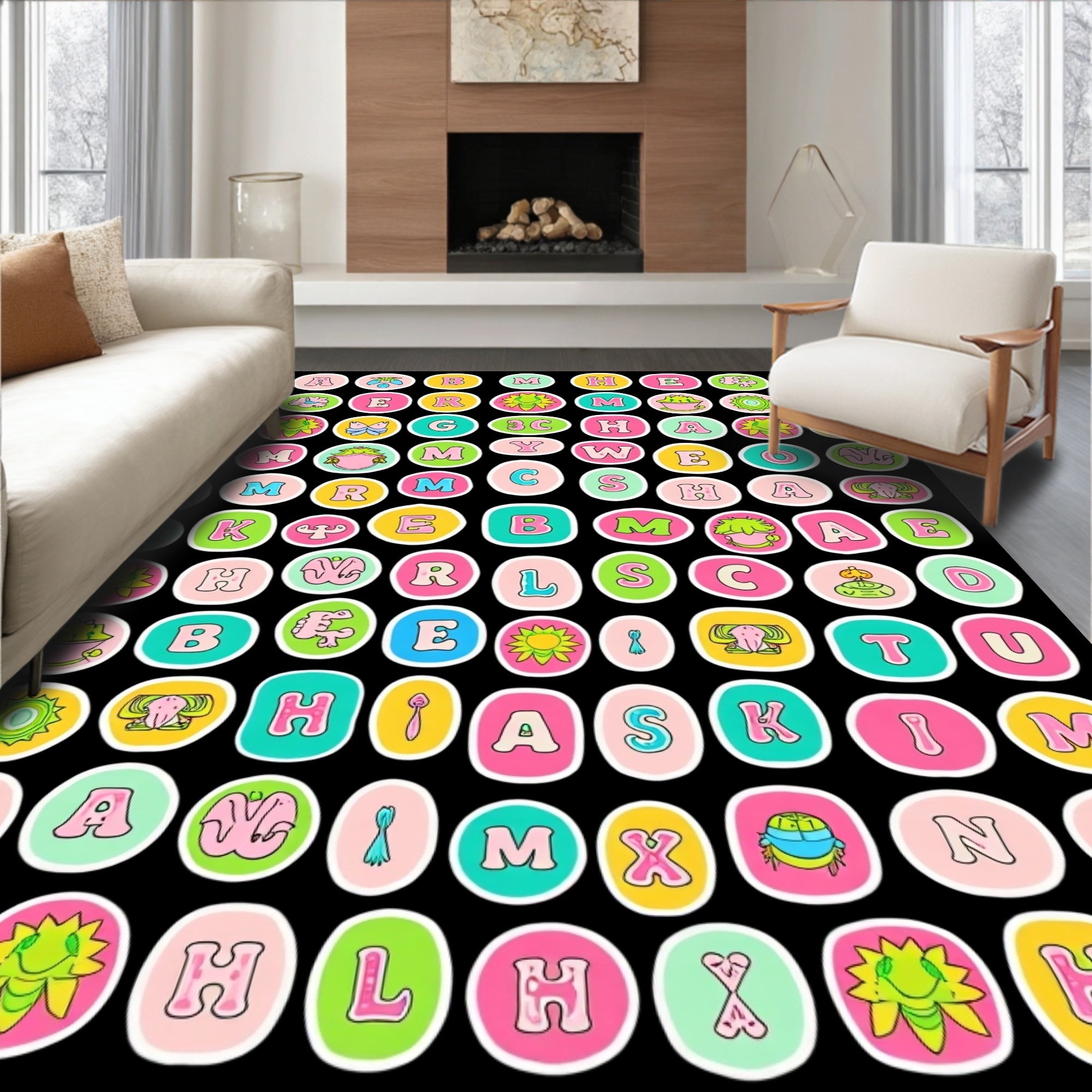 Whimsical Alphabet Medley Cartoon Circles Rug