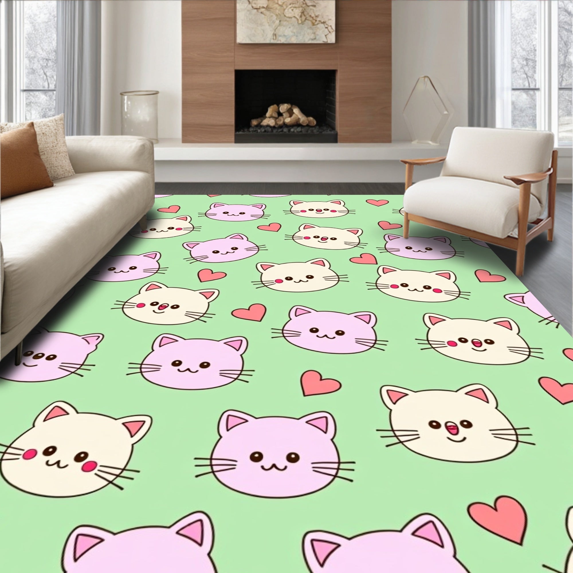 Kawaii Pink Cream Cat Hearts Rug