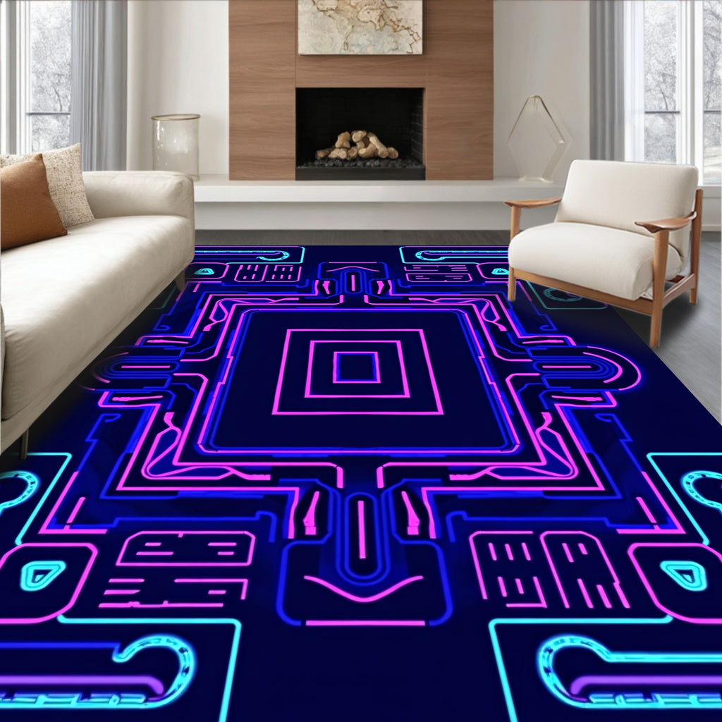 Cyberpunk Circuits Neon Geometric Rug