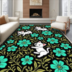 Mint Floral Cats Black Whimsical Garden Rug