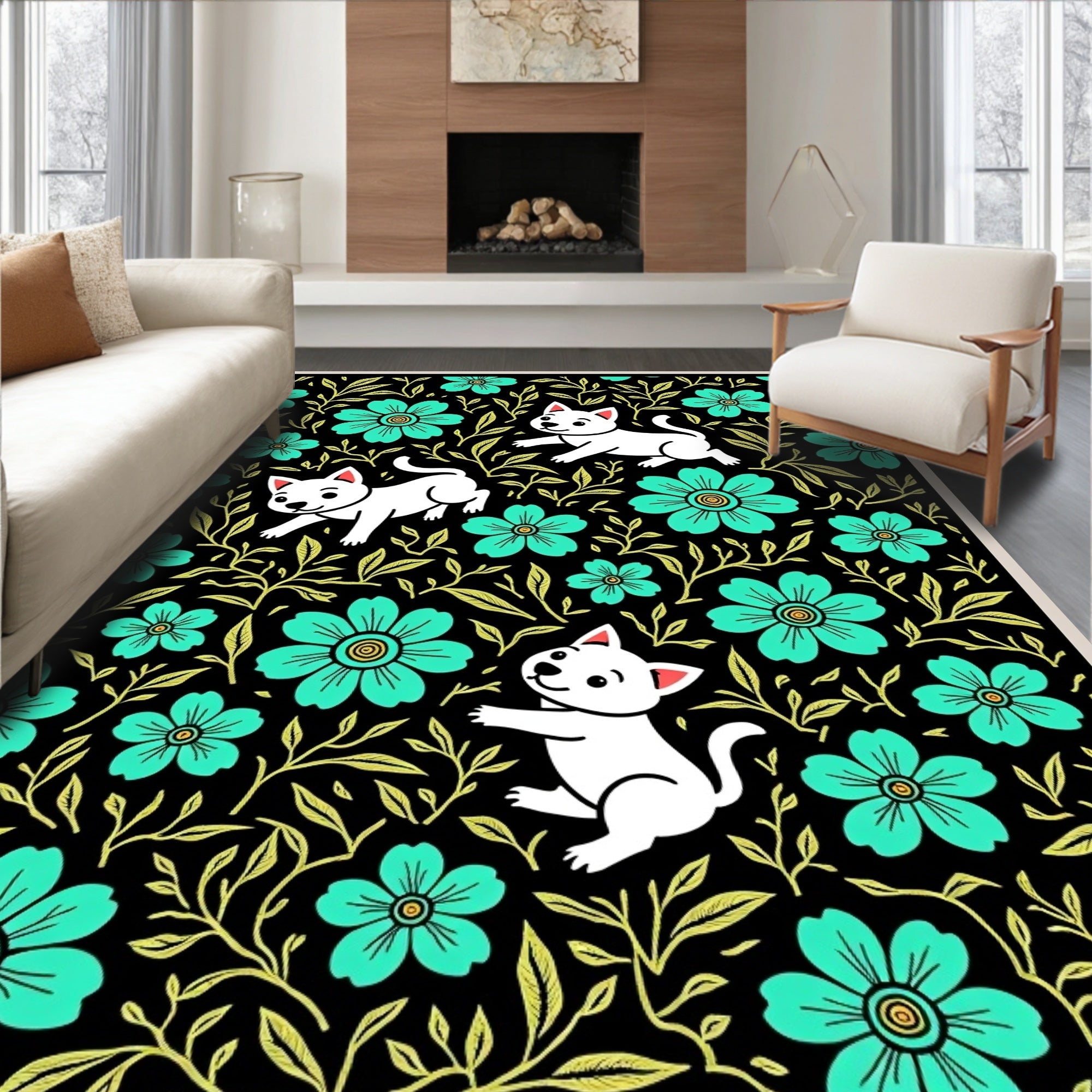 Mint Floral Cats Black Whimsical Garden Rug
