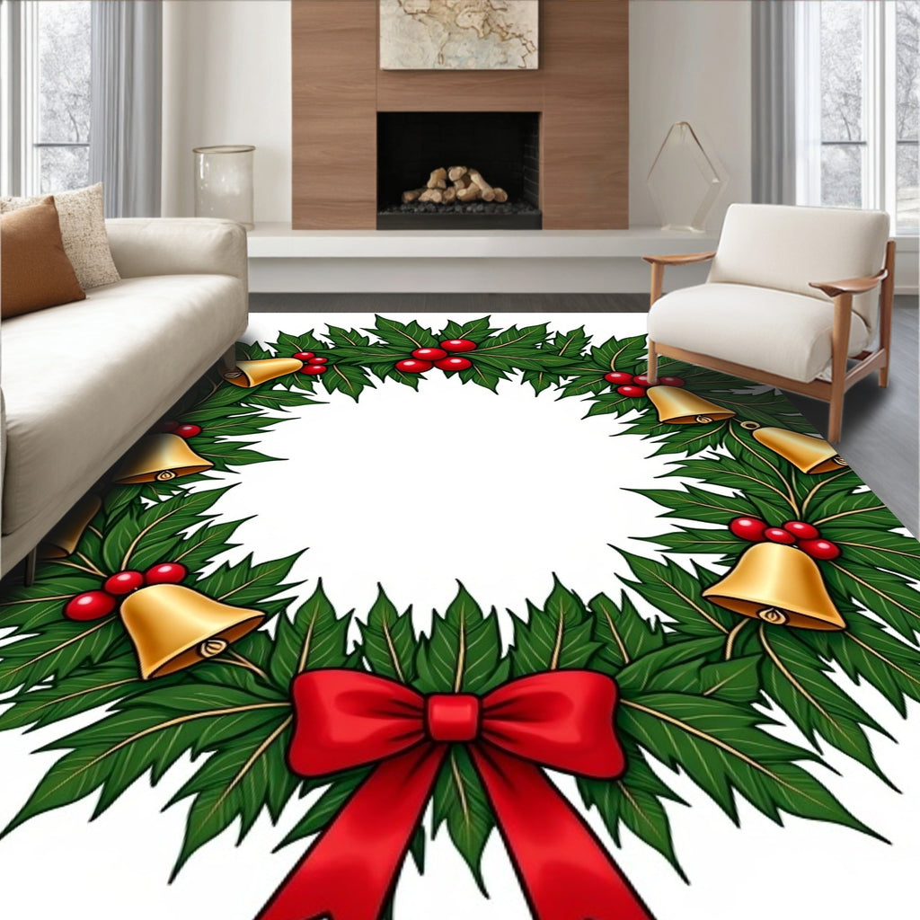 Classic Green Holly Bells Red Bow Wreath Rug