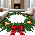 Classic Green Holly Bells Red Bow Wreath Rug