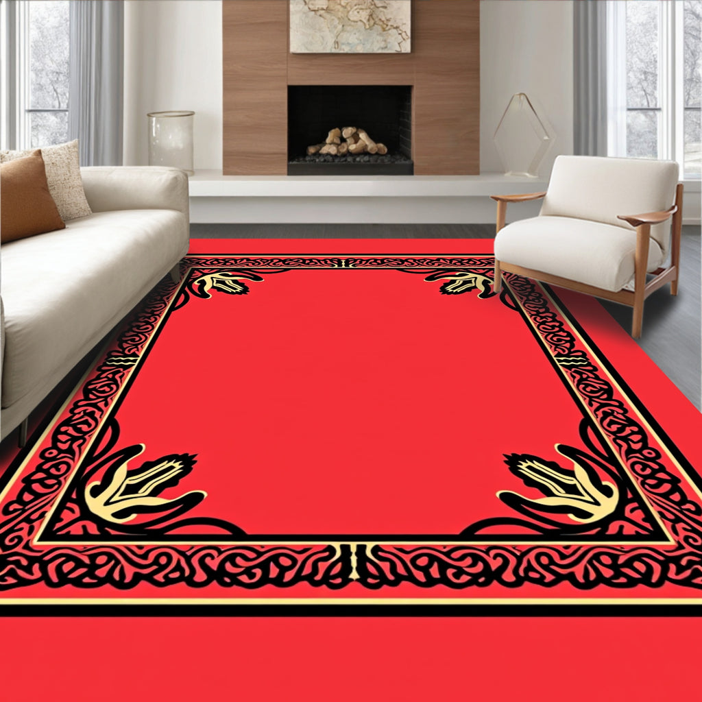 Red Ornate Black Gold Floral Border Rug