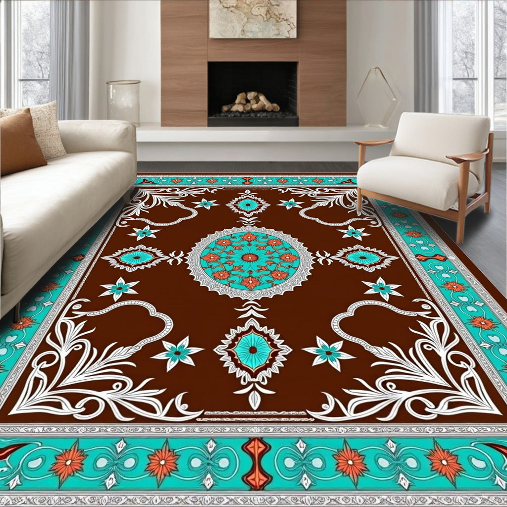 Brown Teal Orange Floral Medallion Rug
