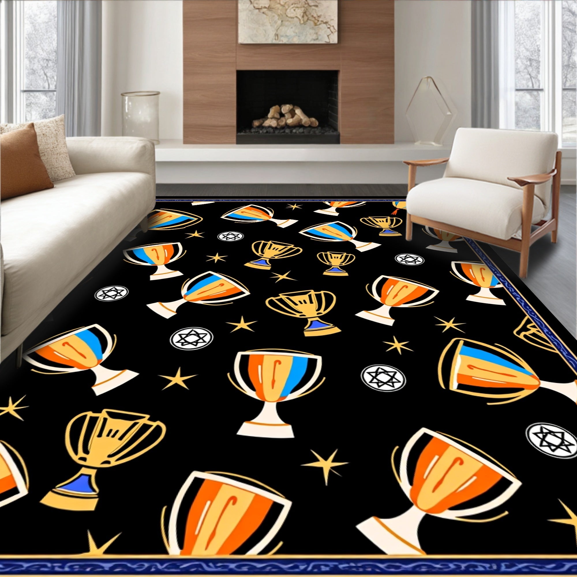 Winning Trophies And Stars Black Rug