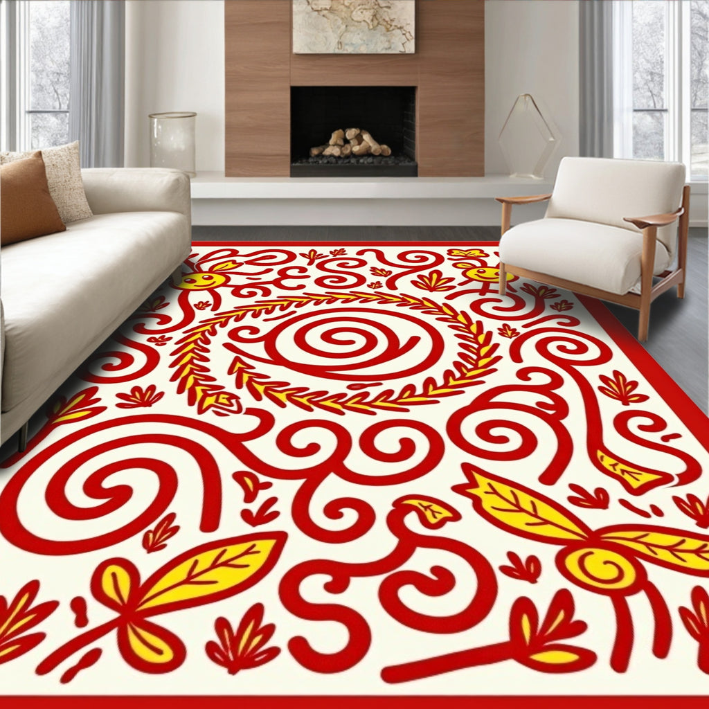 Whimsical Red Yellow Sprightly Swirls Rug