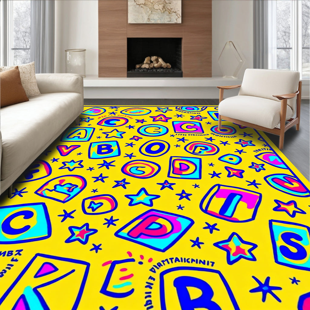 Funky Alphabet Star Yellow Collage Rug