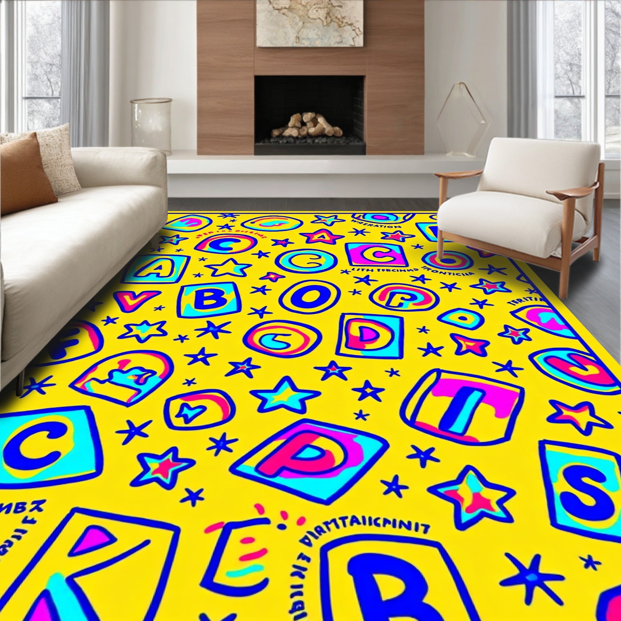 Funky Alphabet Star Yellow Collage Rug