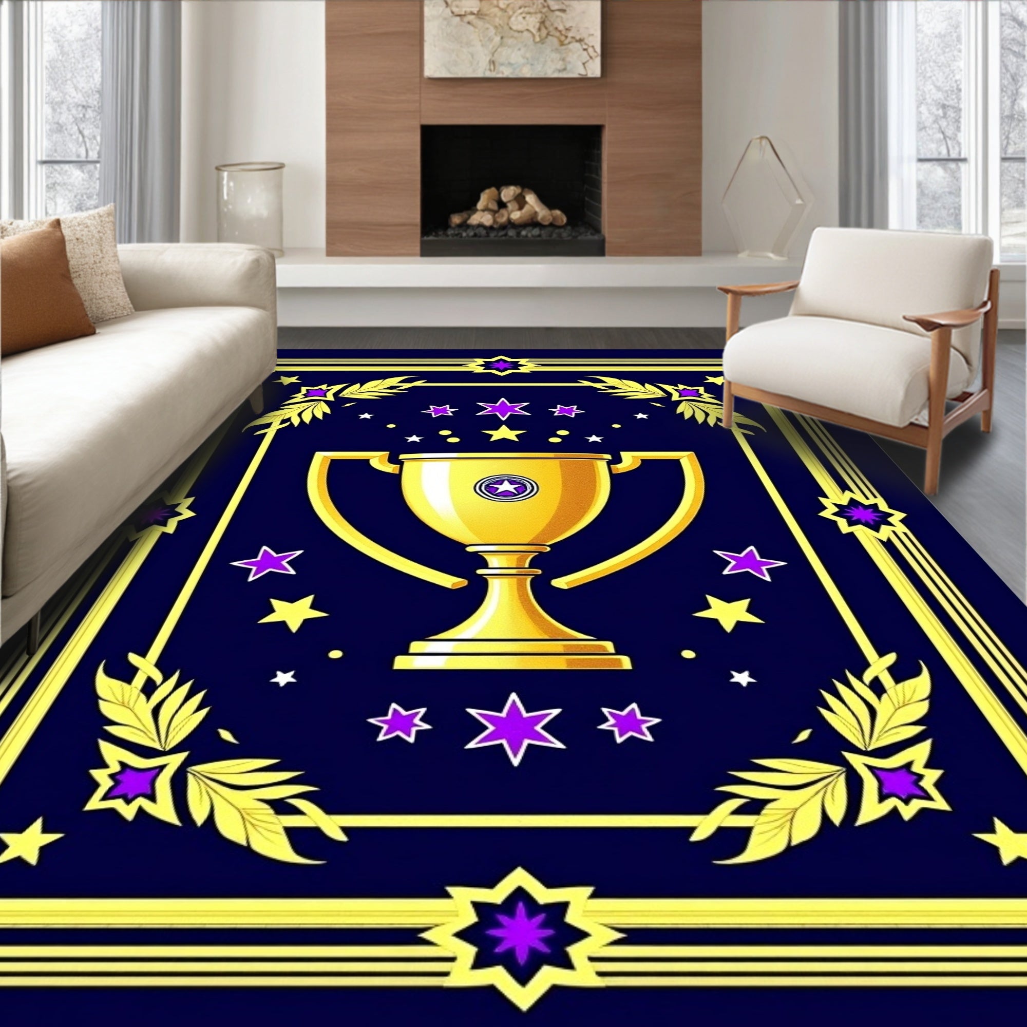 Golden Trophy With Purple Star Accents Rug