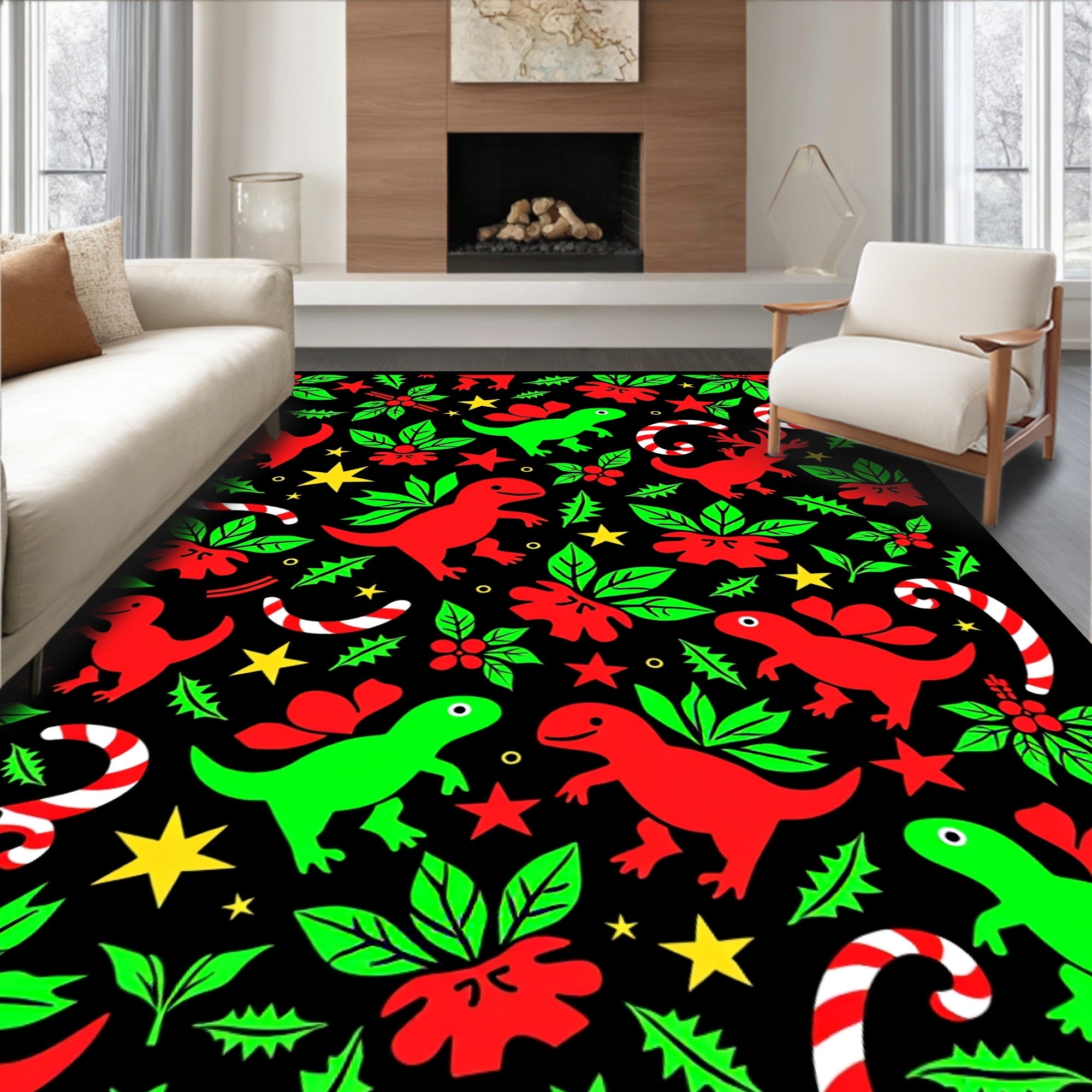 Whimsical Red Green Dinosaur Holiday Rug