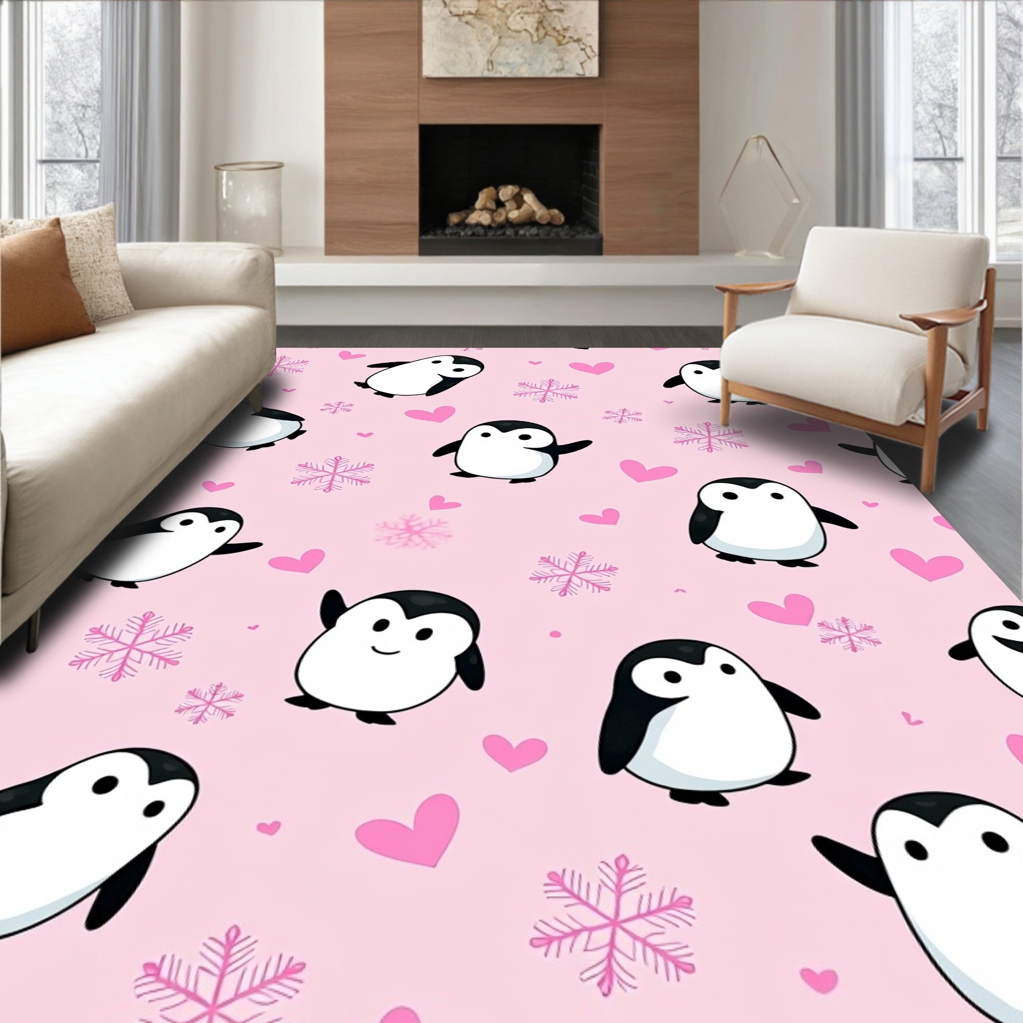 Pink Penguin Hearts Snowflakes Collection Rug