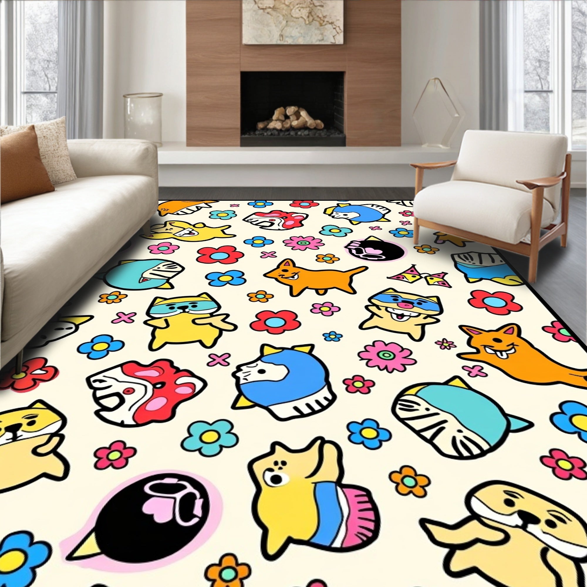 Cute Kawaii Animals Floral Explosion Rug