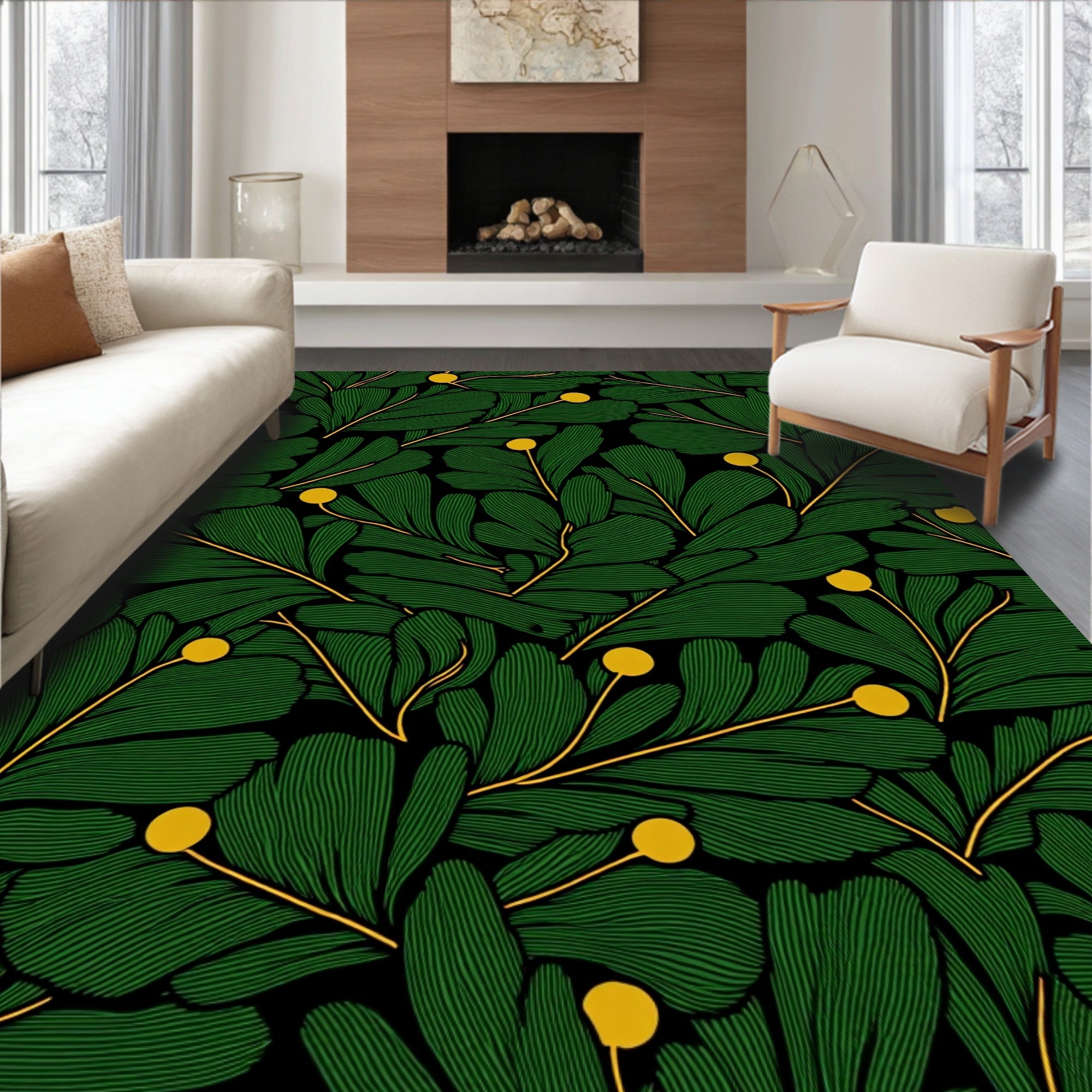 Emerald Green Leafy Branches Berry Rug
