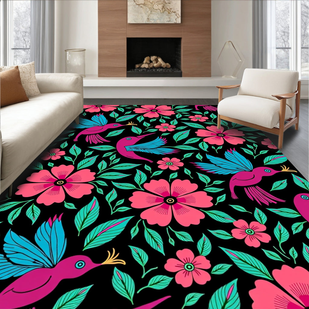 Vibrant Pink Floral Hummingbird Garden Rug