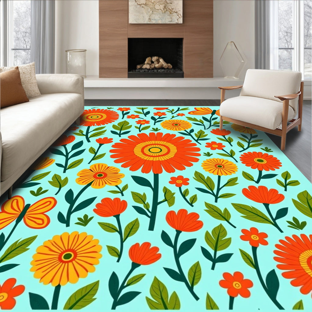 Retro Orange Floral Butterfly Garden Rug