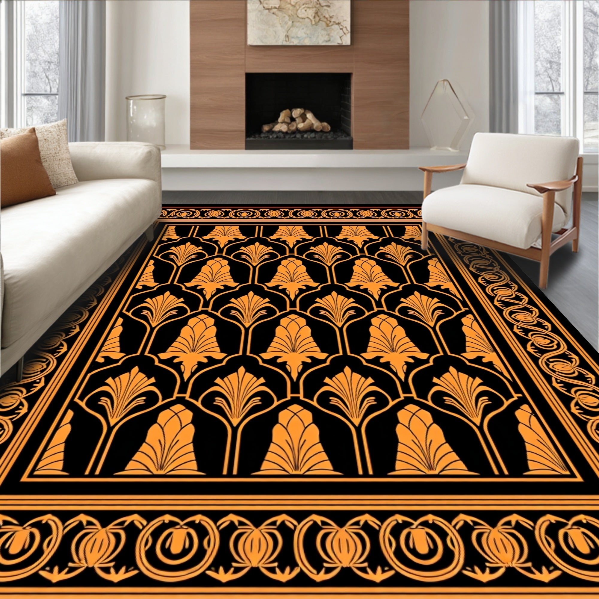 Art Deco Orange Floral Inlay Rug