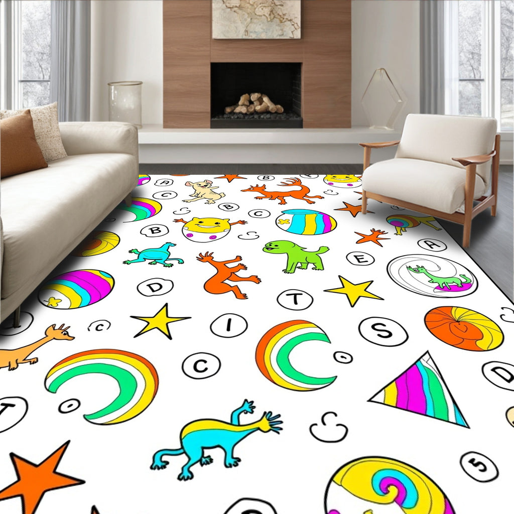 Whimsical Creatures Rainbow Shapes Stars Rug