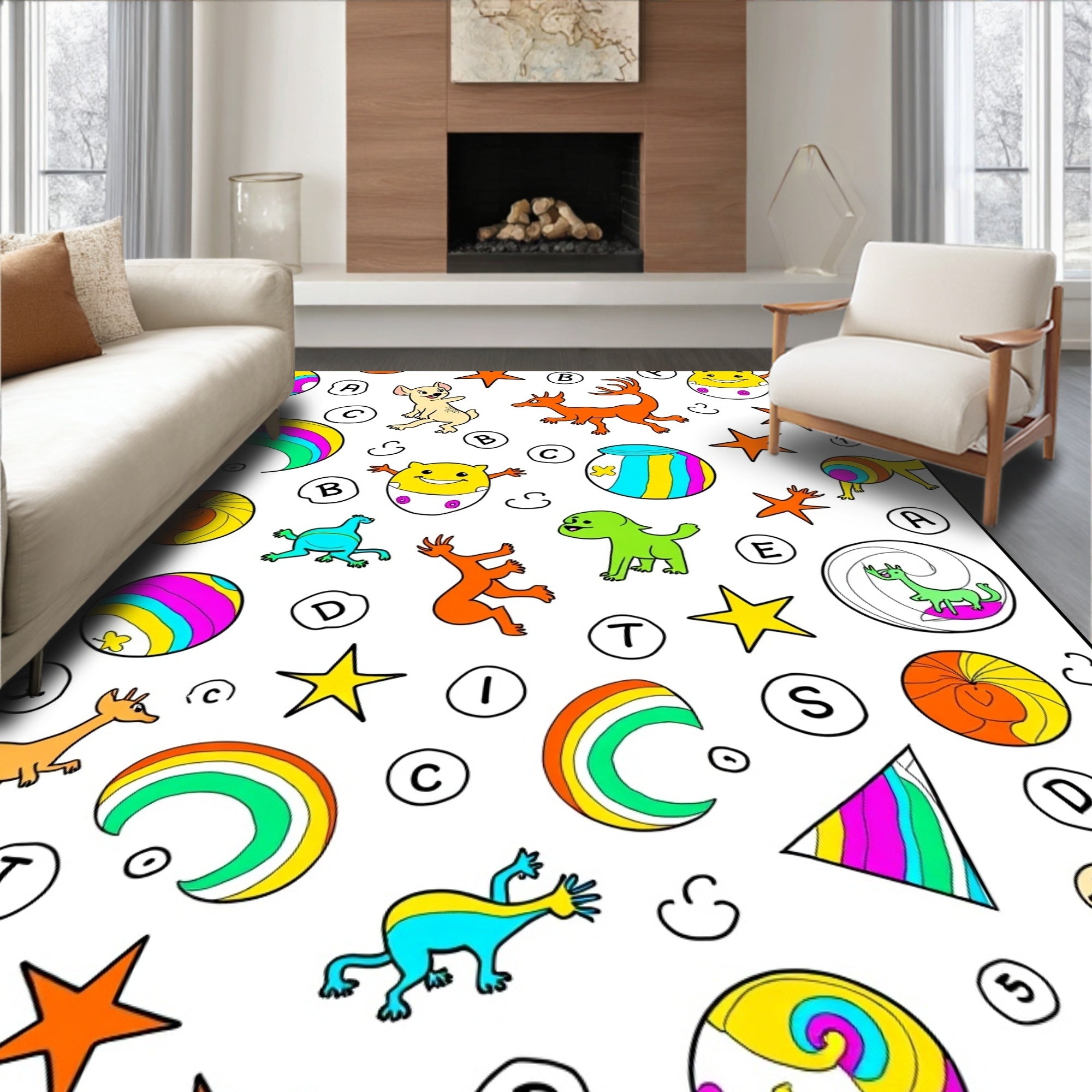 Whimsical Creatures Rainbow Shapes Stars Rug