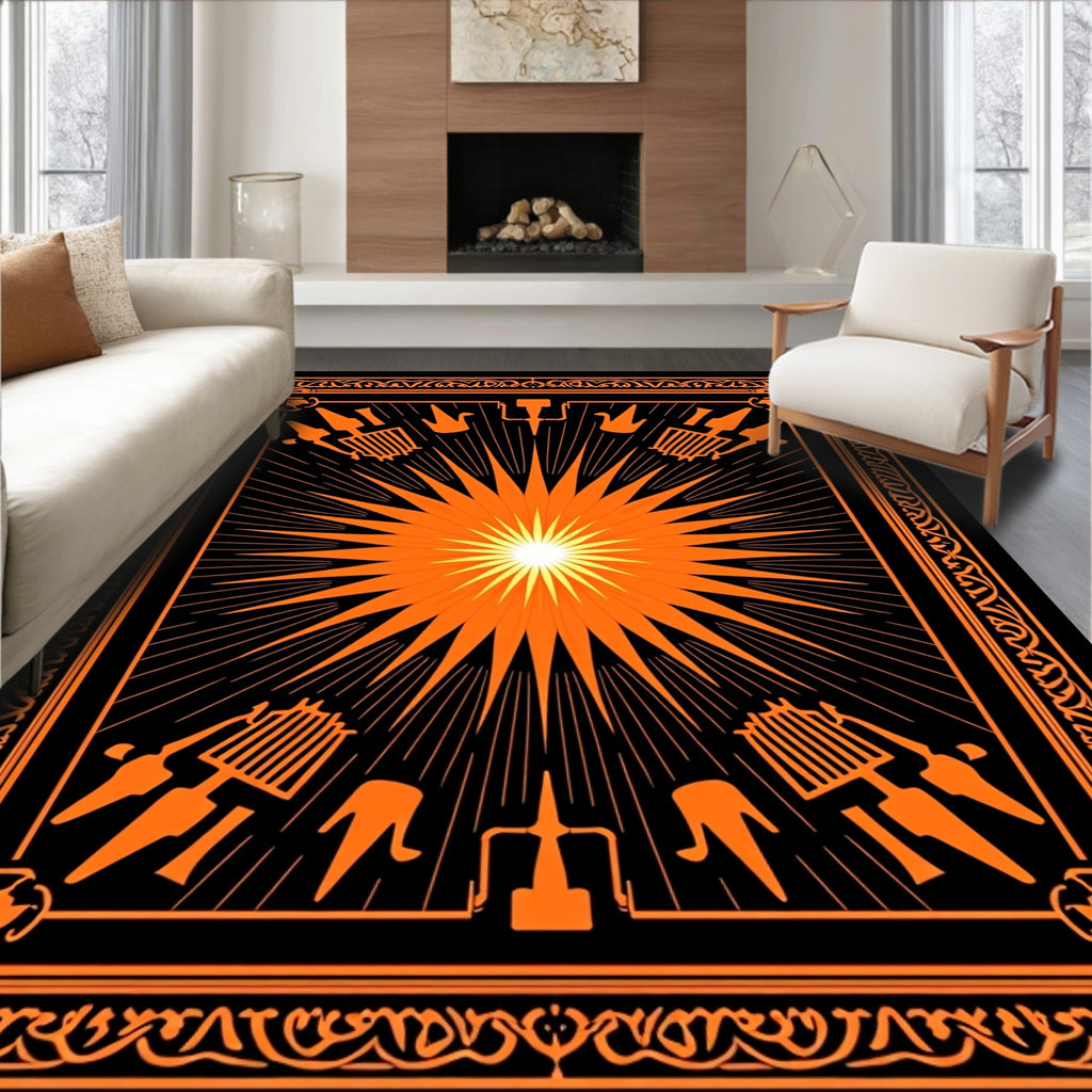 Radiant Orange Sunburst Ornate Border Rug