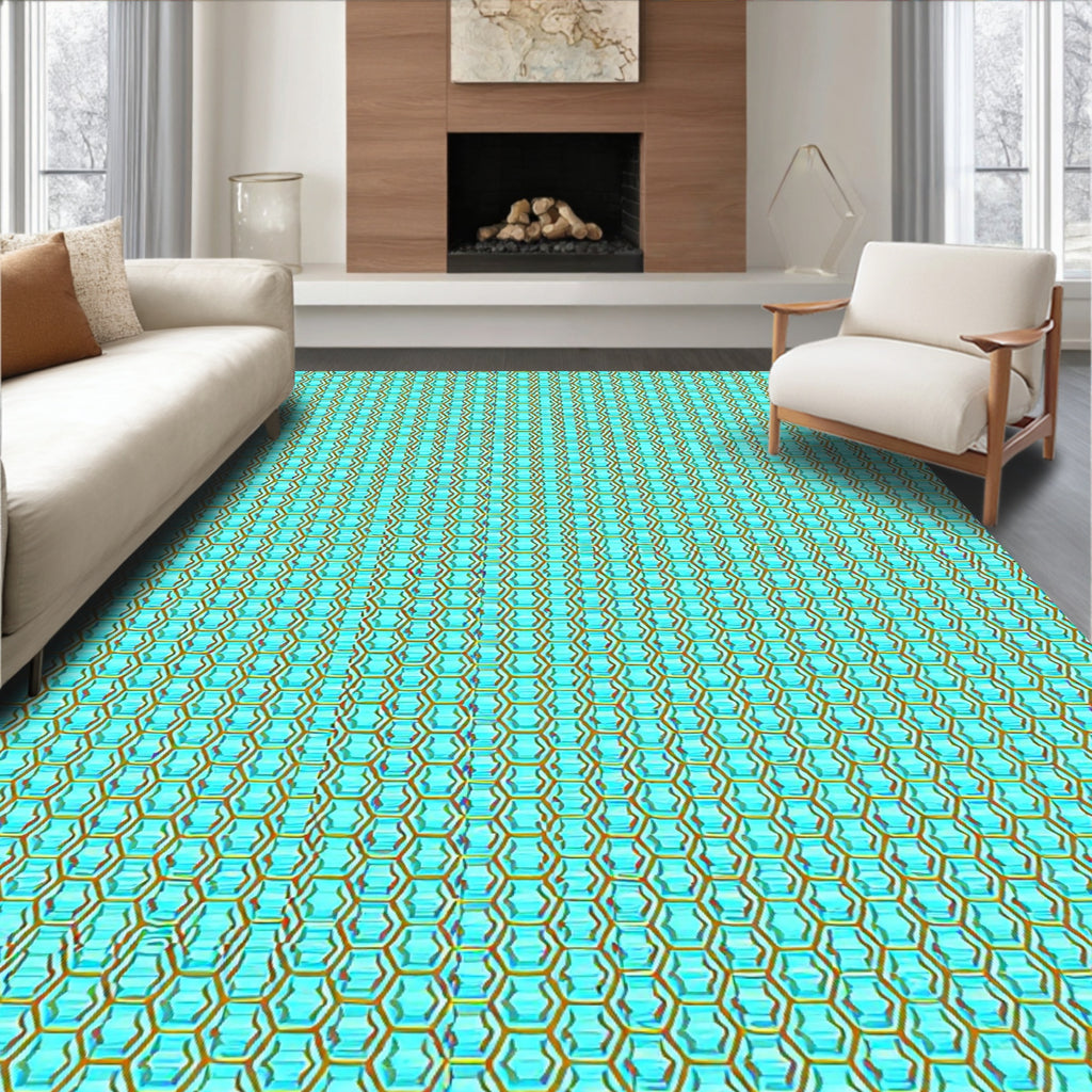 Aqua and Gold Geometric Hexagon Rug