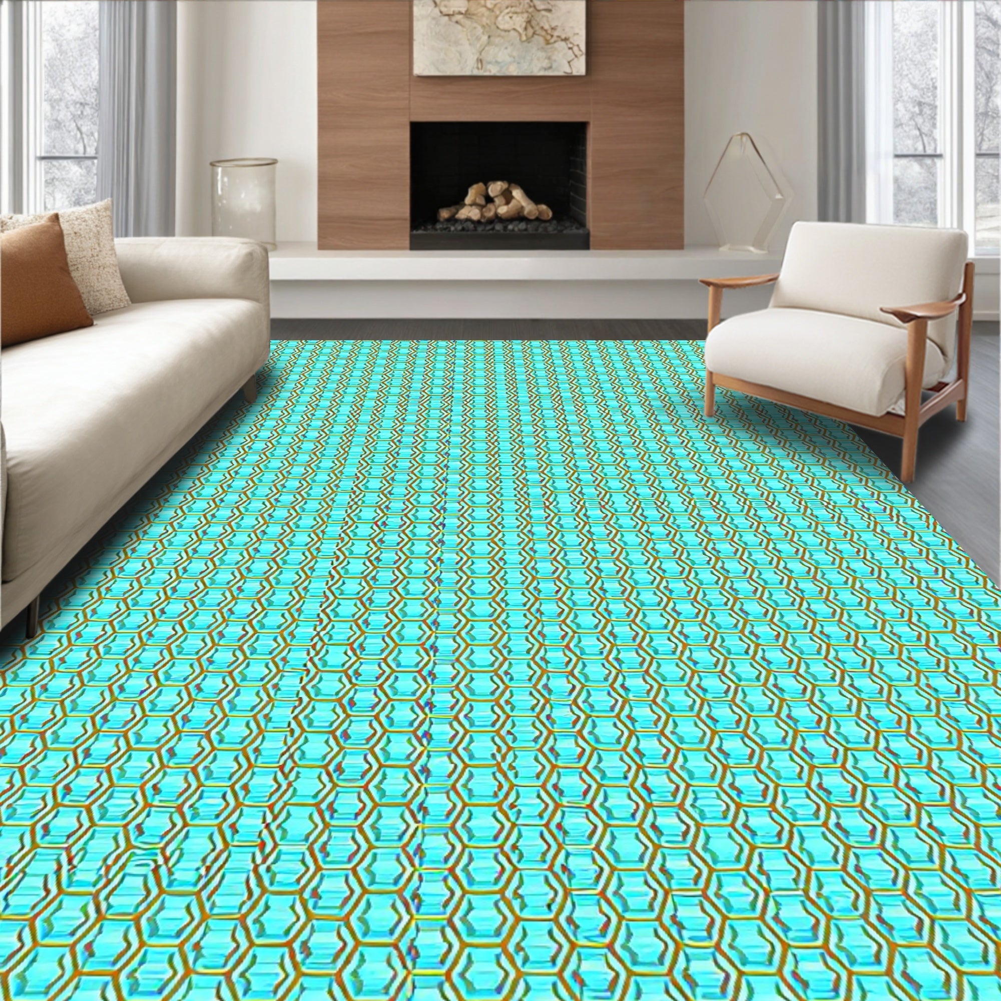 Aqua and Gold Geometric Hexagon Rug