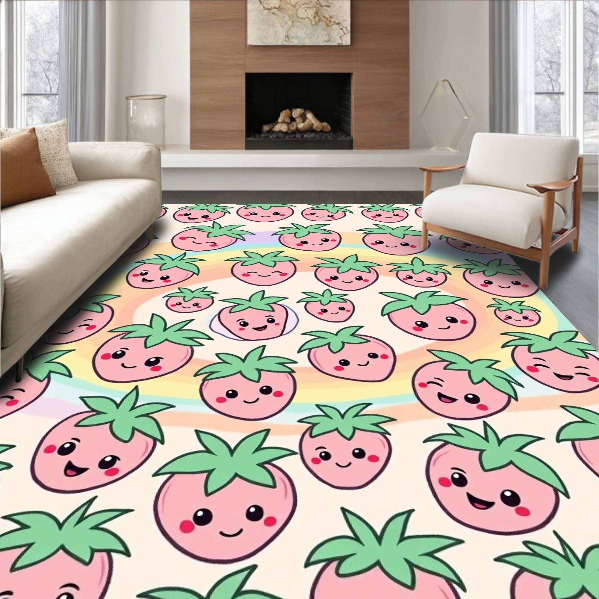 Kawaii Pink Strawberry Rainbow Swirl Rug