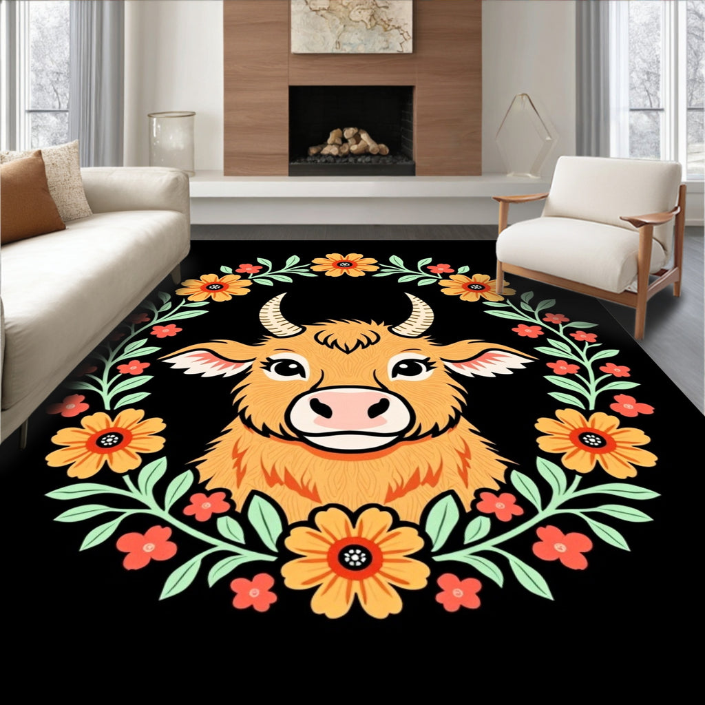Orange Highland Cow Floral Wreath Rug