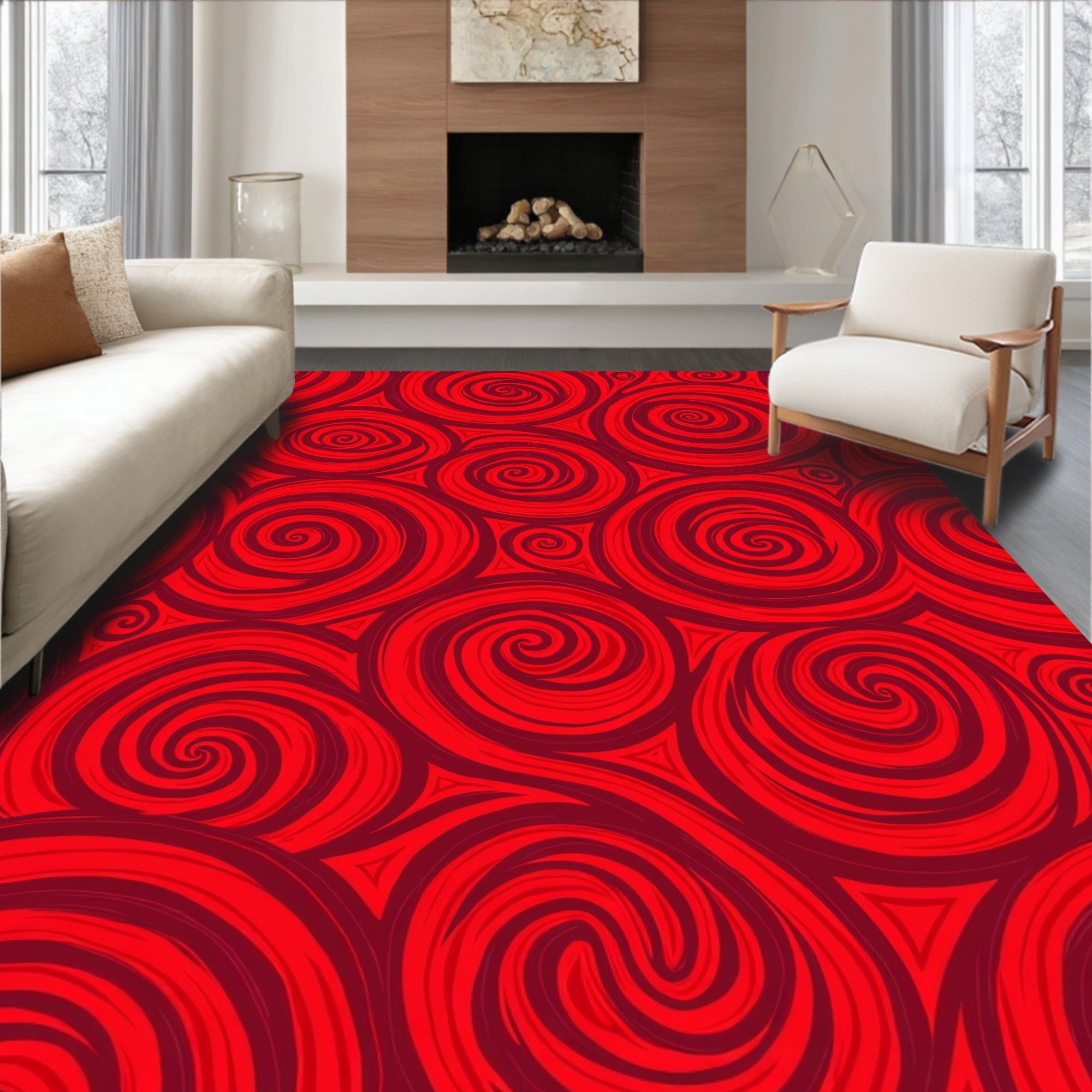 Vibrant Crimson Contemporary Swirl Rug