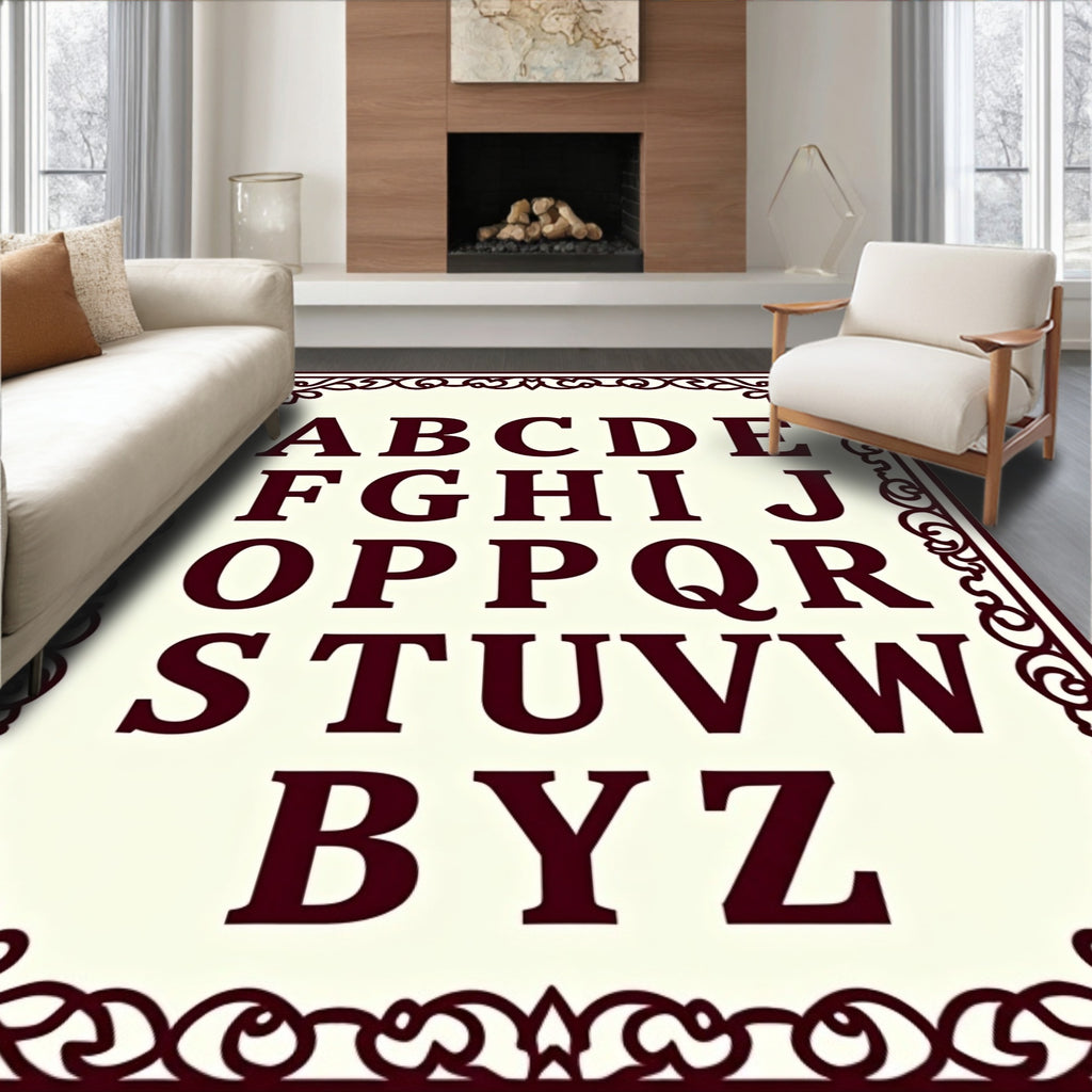 Burgundy Alphabet Within Ornate Border Rug