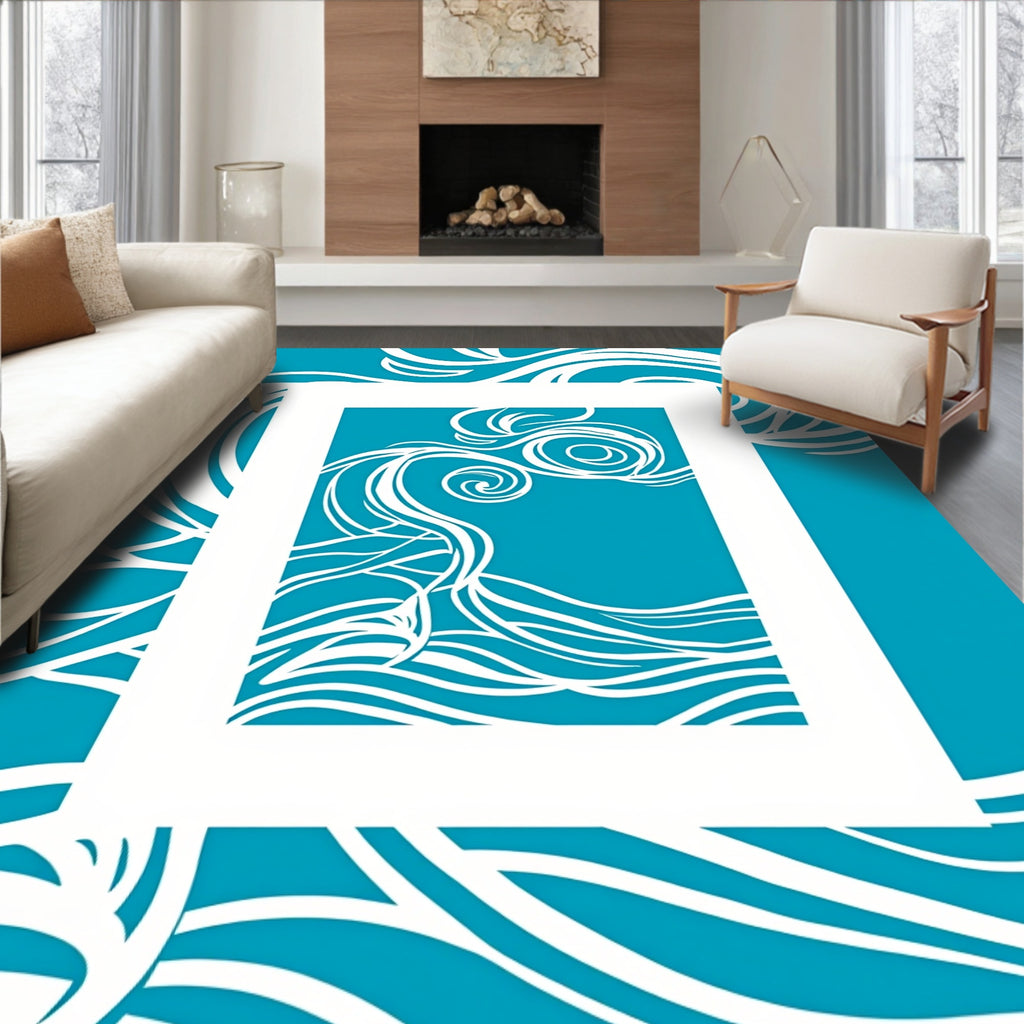 Oceanic Swirl Abstract Blue White Rug