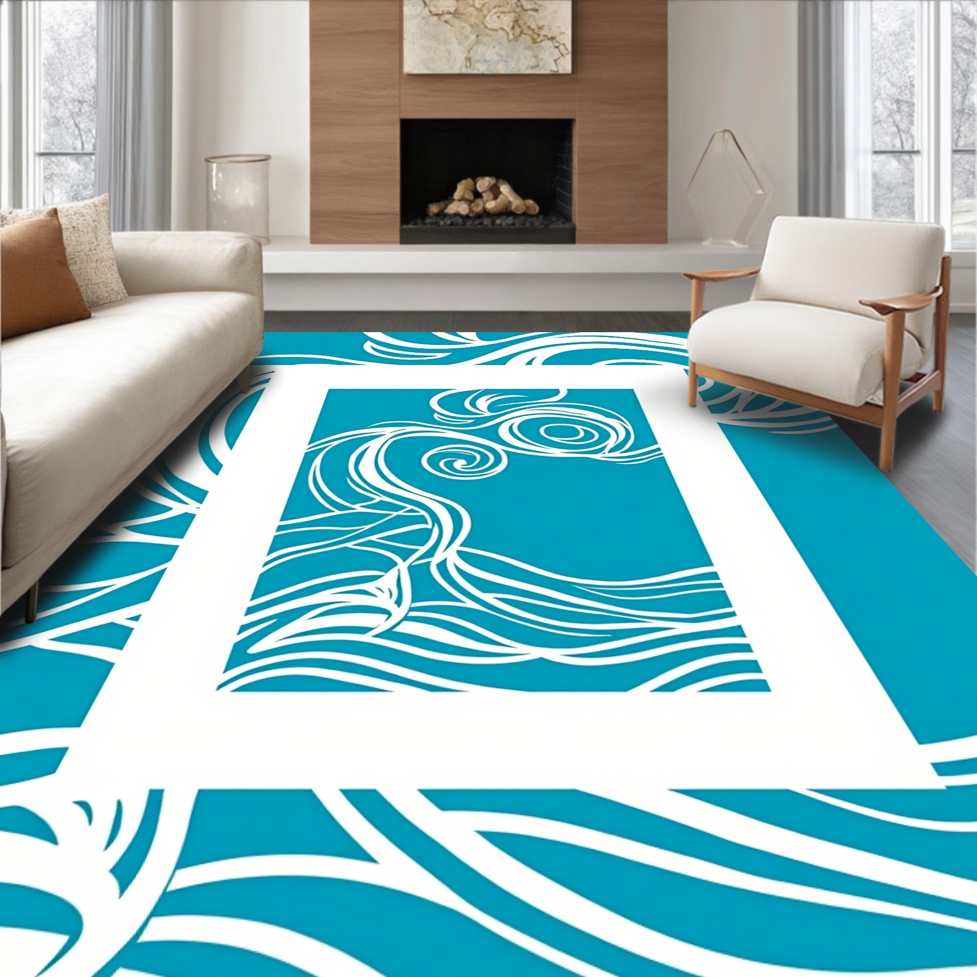 Oceanic Swirl Abstract Blue White Rug